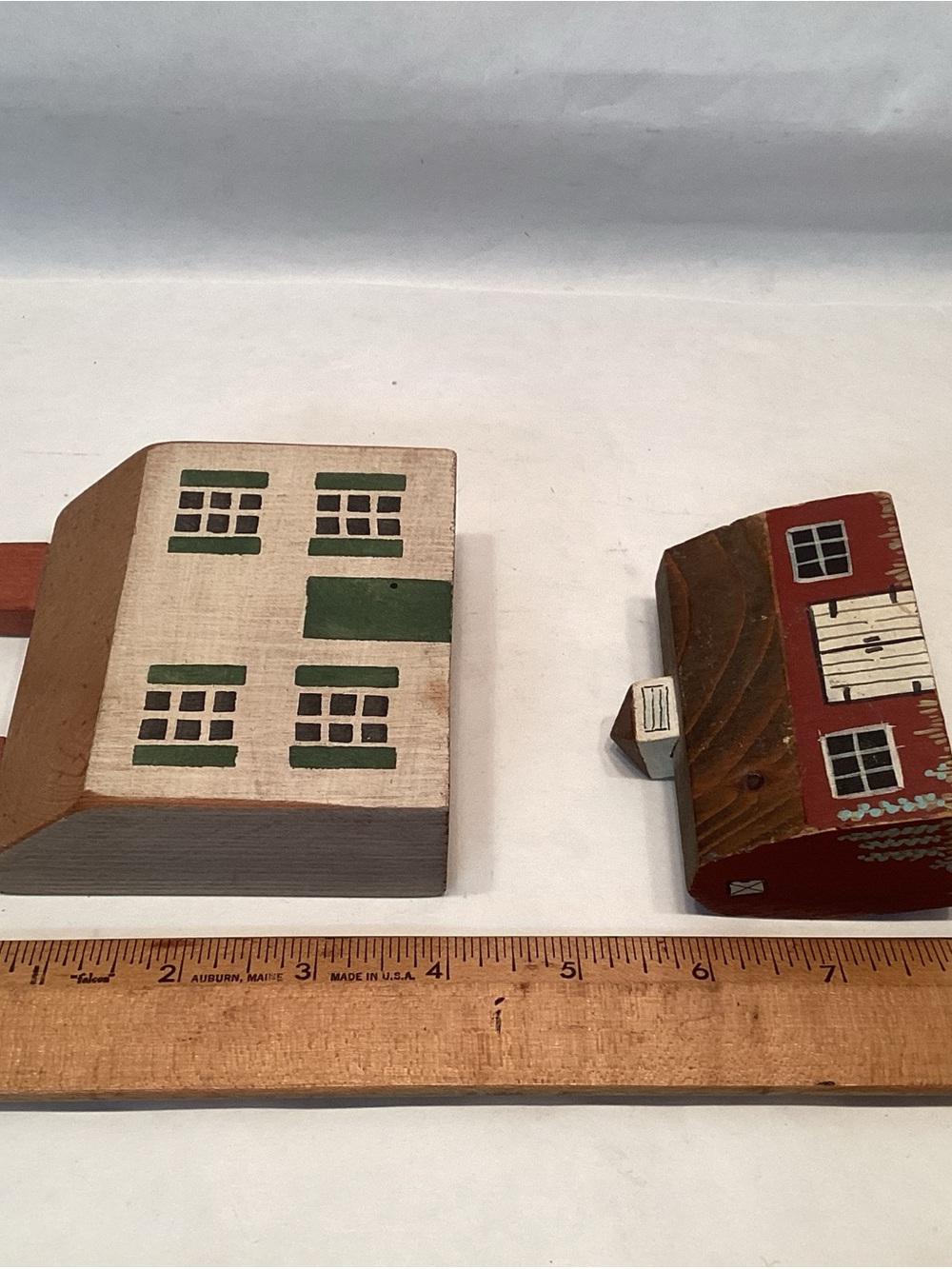 Primitive Folk Art Wood Block Village Houses School Barn Set 5 Of Handmade - Picture 4 of 5